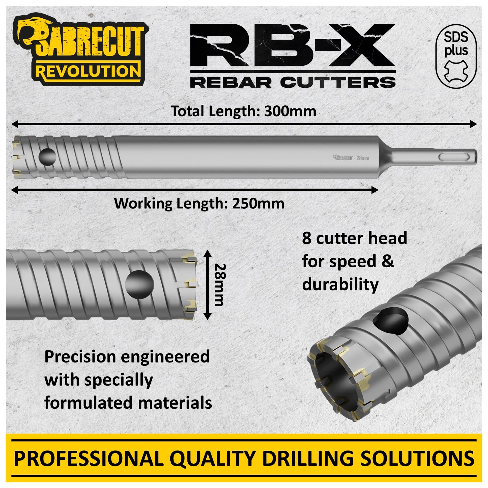 SabreCut 1pc SCRB28 28mm x 300mm Brocas Resistente | Puntas carburo de tungsteno y soldadura precisa cortan duraderamente varilla embebida