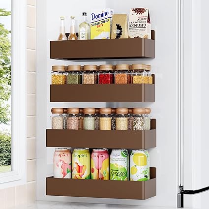 Magnetic Spice Rack for Refrigerator, Kitchen Organizer and Storage Shelf, Brown(4 Pack)…