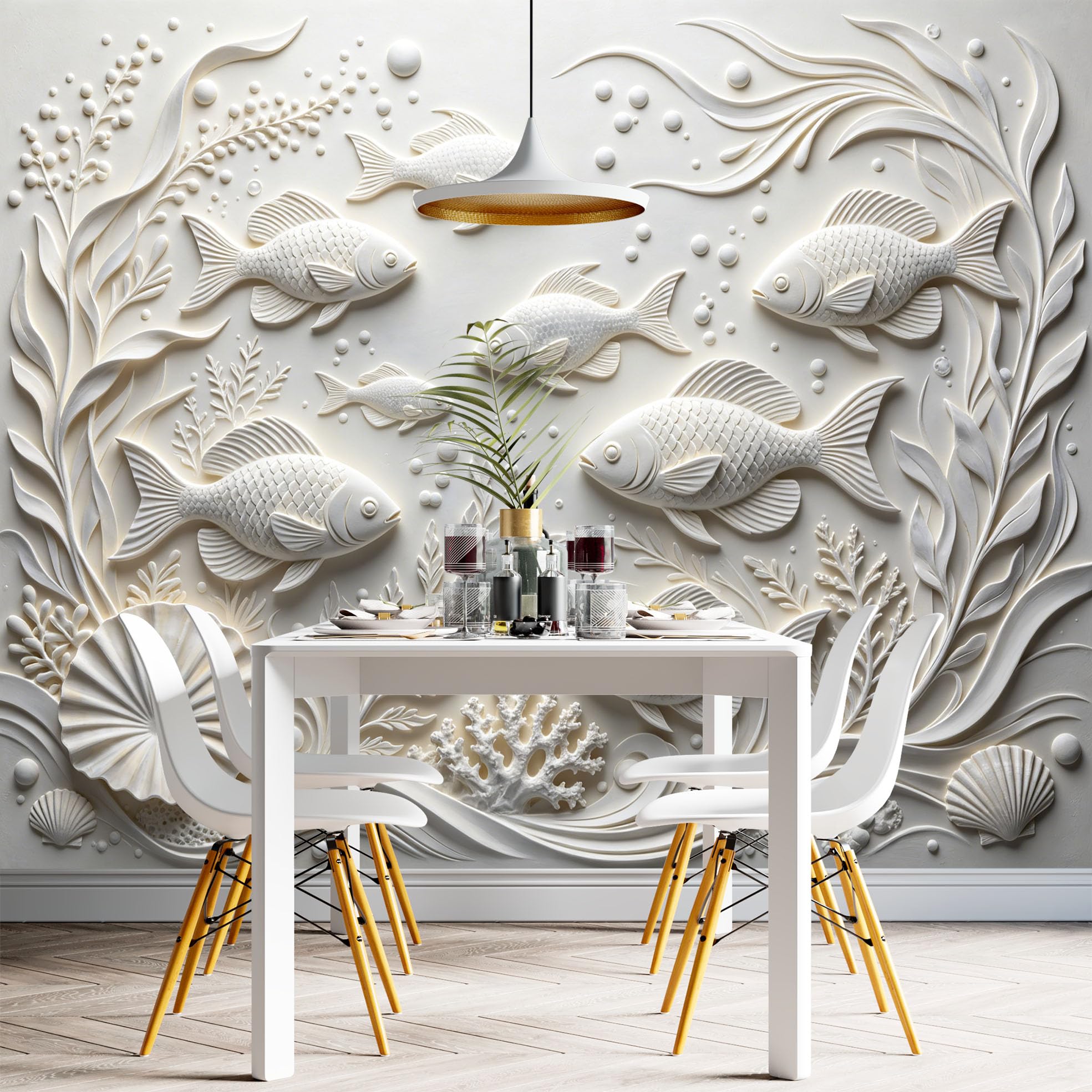 Papel Pintado Con Relieve 3D Peces De Mar Papel Pintado Autoadhesivo Pared 320Cmx600Cm(Hxw), Mural De Pared Con Relieve 3D, Papel Adhesivo No Tejido, Impermeable Y Removible Para Dormitorio Y Sala D
