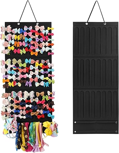 Miniatura 9 de Organizador de lazos para niñas, accesorios colgantes para el cabello, almacenamiento para diademas, clips, corbatas, coleteros (sin lazos) (beige)