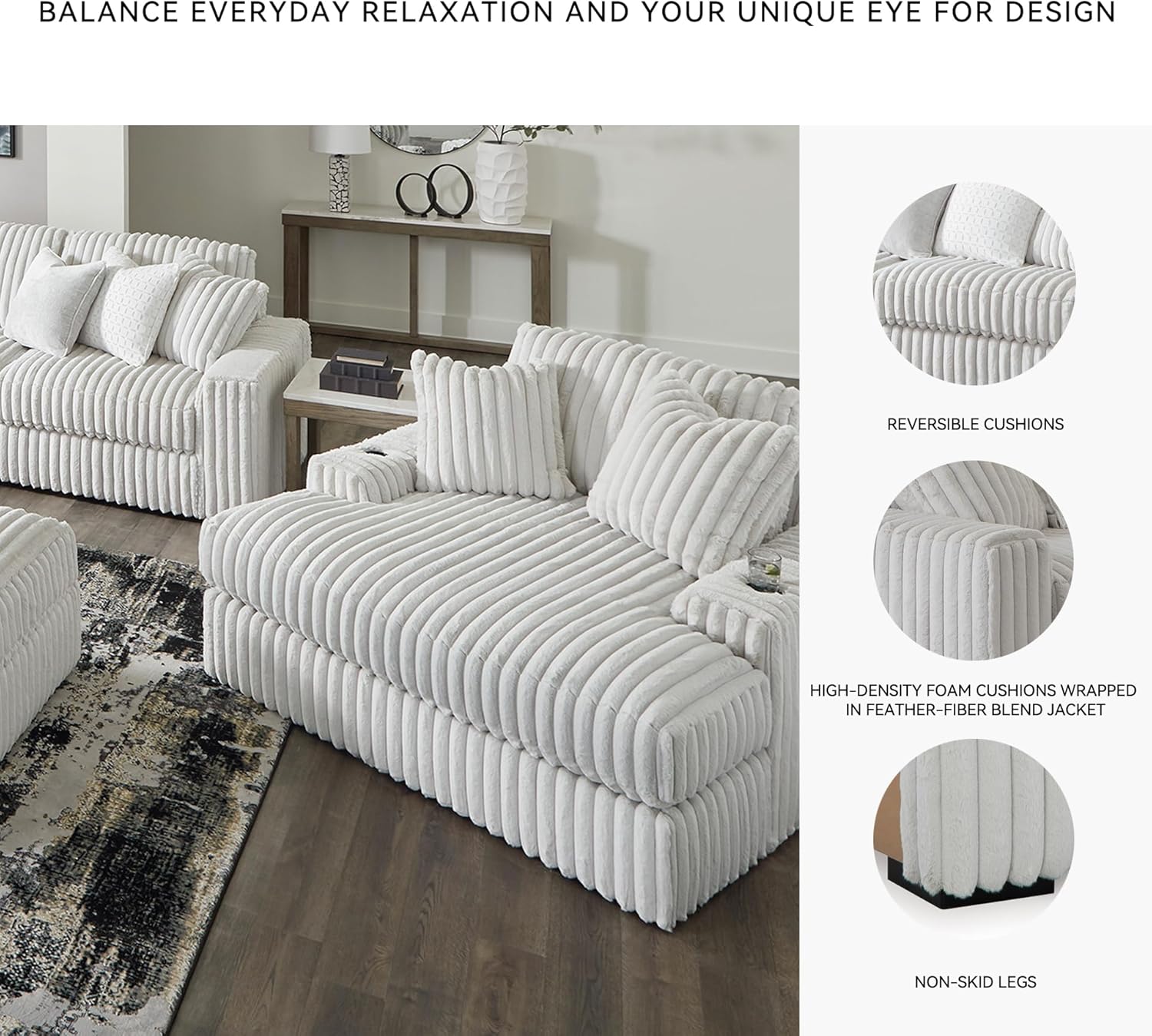 Signature Design by Ashley Stupendous Contemporary Upholstered Oversized Chaise with Cup Holders, USB Ports and 2 Toss Pillows, White