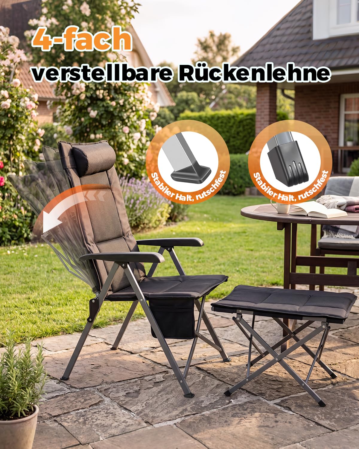 Homecall Krzesło kempingowe, składane, obciążenie 150 kg, z wysokim oparciem, luksusowe krzesło kempingowe z 4 pozycjami, regulowane o grubości 4,5 cm, tapicerowane krzesło wędkarskie (krzesło i