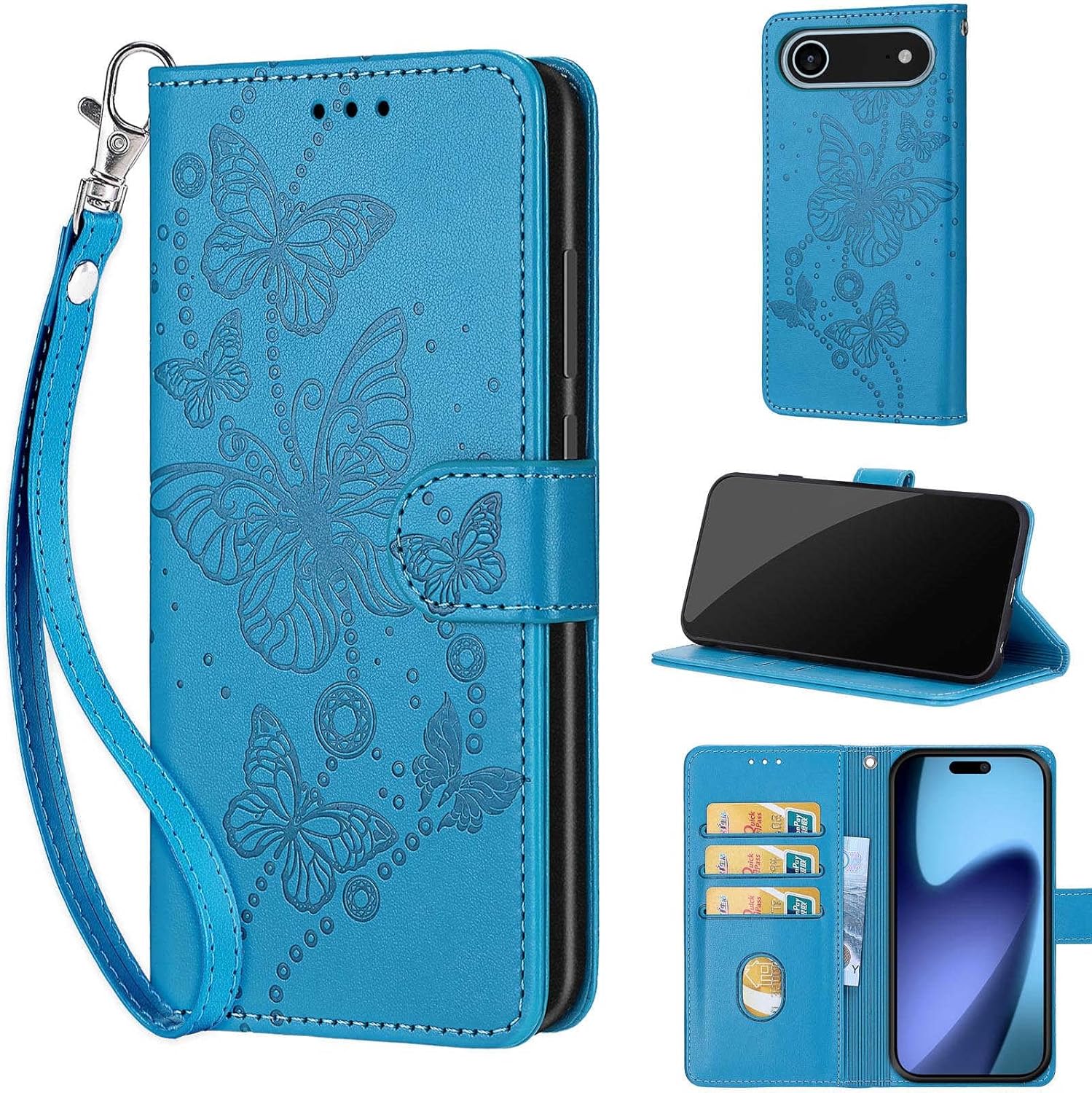 Designed for iPhone Air Case Wallet,Women Flip Folio Cover with Embossed PU Leather Stand Credit Card Holders Slots Wrist Strap Phone Case for iPhone Air 6.5 inch (Blue Butterfly)