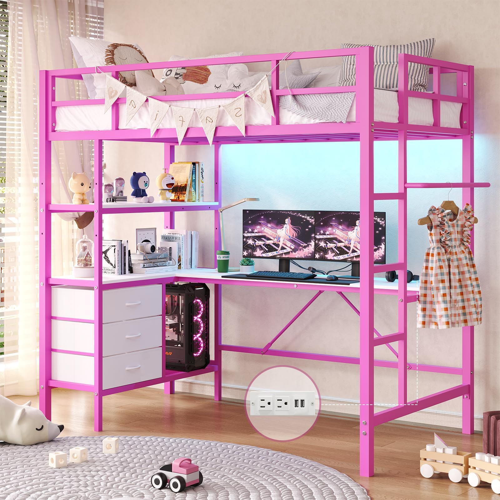 DICTAC Loft Bed Twin Size with L-Shaped Desk, LED Lights and Charging Station Twin Metal Loft Bed Frame with 3 Storage Shelves and 3 Fabric Drawers,