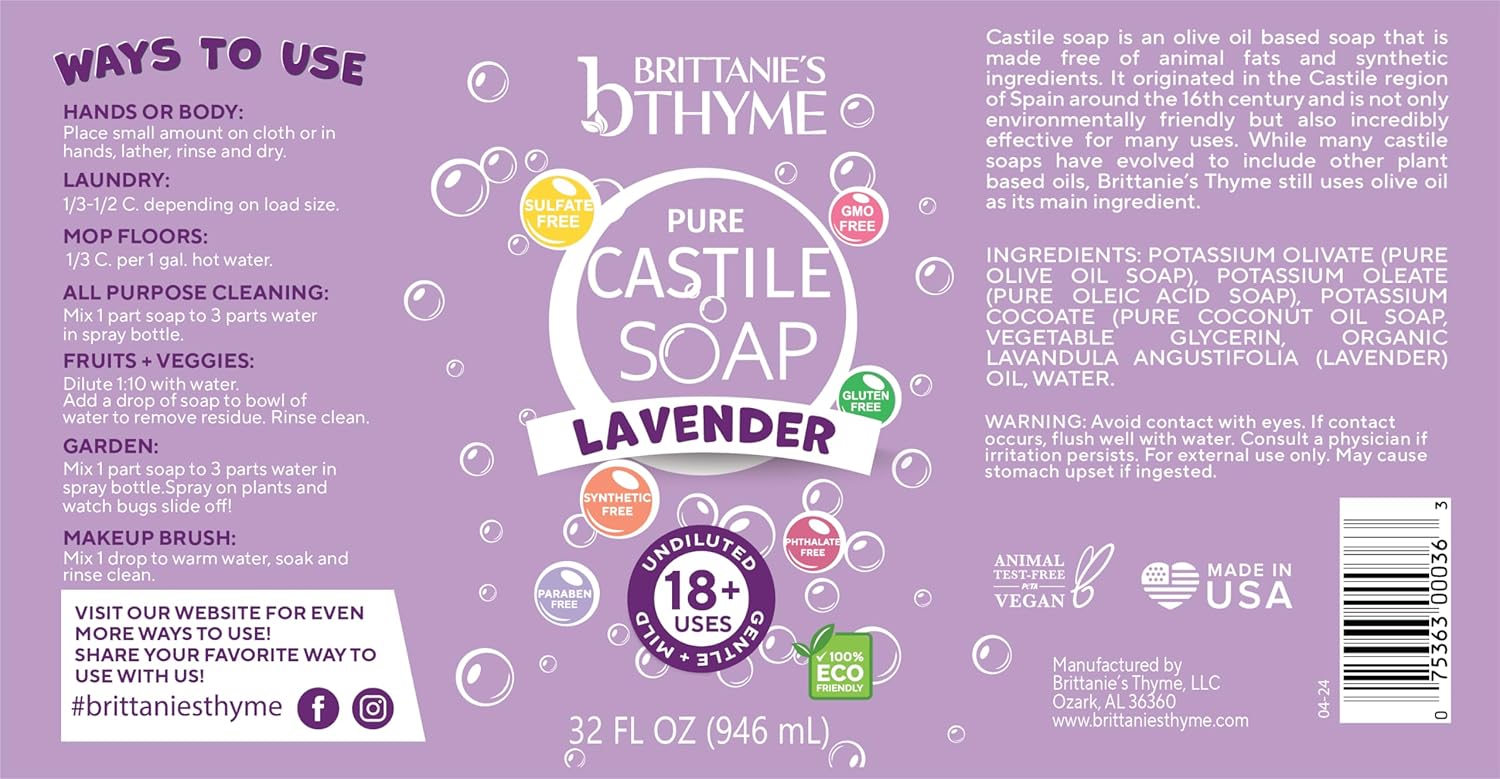 Brittanie’s Pure Castile Liquid Soap Refill, Lavender, 32 Ounce 2 Pack | Dish Soap, Hair & Body, Home, Gentle and Pure, Made with Natural Luxurious Oils, Vegan & Gluten Free Non-GMO - Image 2