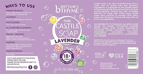Miniatura 2 de Brittanie's Thyme Pure Castile - Repuesto de jabón líquido para cabello y cuerpo, suave y puro, fabricado con aceites naturales de lujo, vegano y