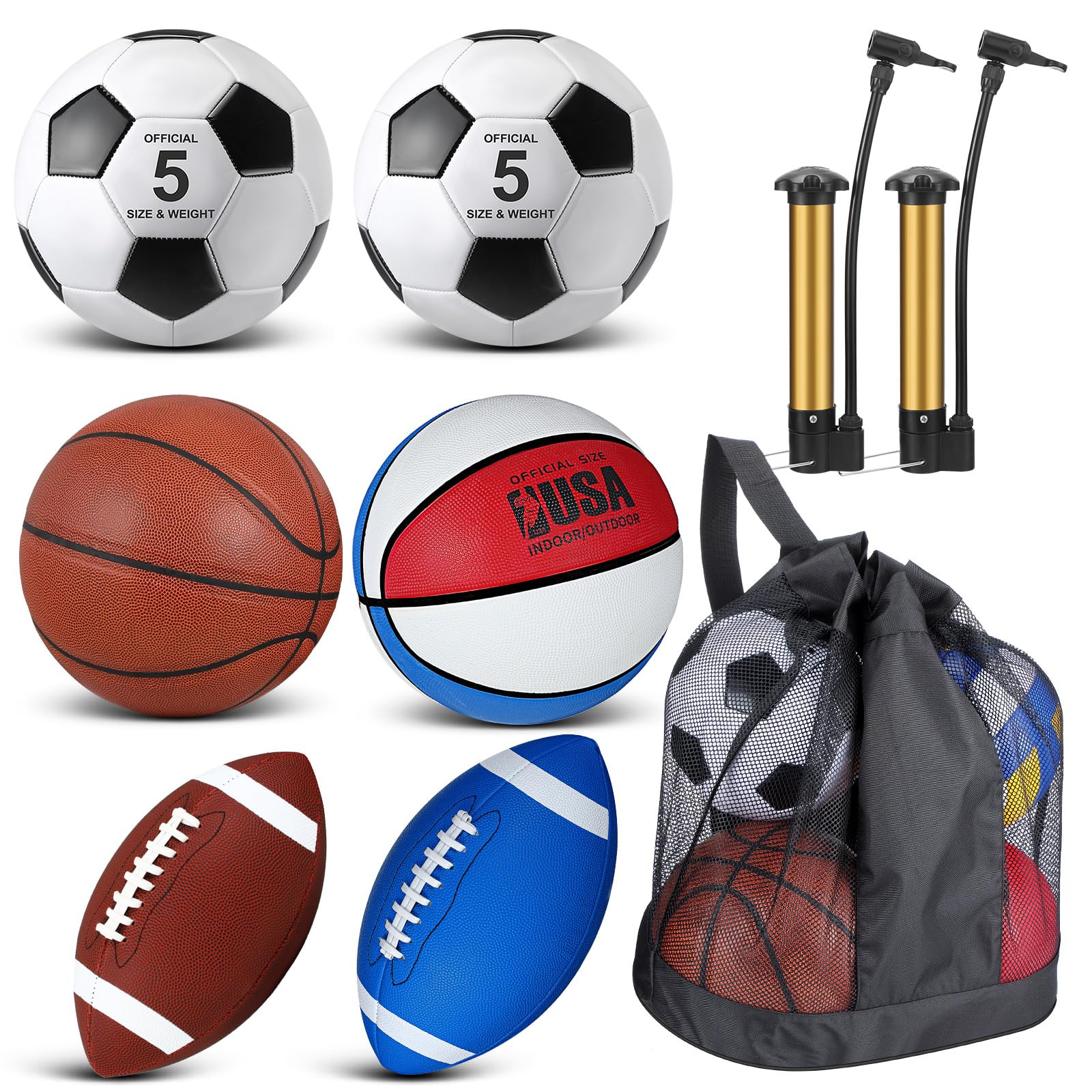 Sratte 6 Pcs Sports Balls Set for Teens Adults Official Size Football Soccer Basketball with Pump Sports Equipment Bag for Youth Training Practice Christmas Sport Gift