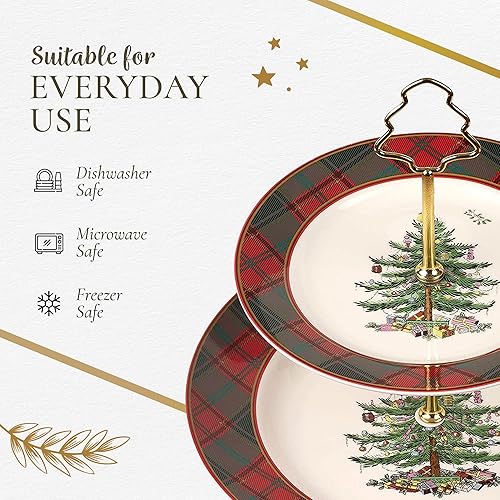 Miniatura 6 de Spode Servidor de tartán de árbol de Navidad de 2 niveles, soporte para cupcakes navideños, juego de exhibición de postres, platos de barro, platos