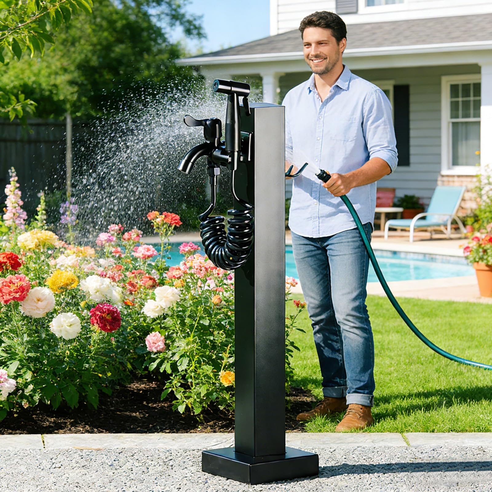Genérico Columna de Agua Vertical Independiente para jardín Exterior con Grifo y Pistola rociadora: Soporte Ideal para mangueras de Patio, riego de césped y soluciones de Lavado.