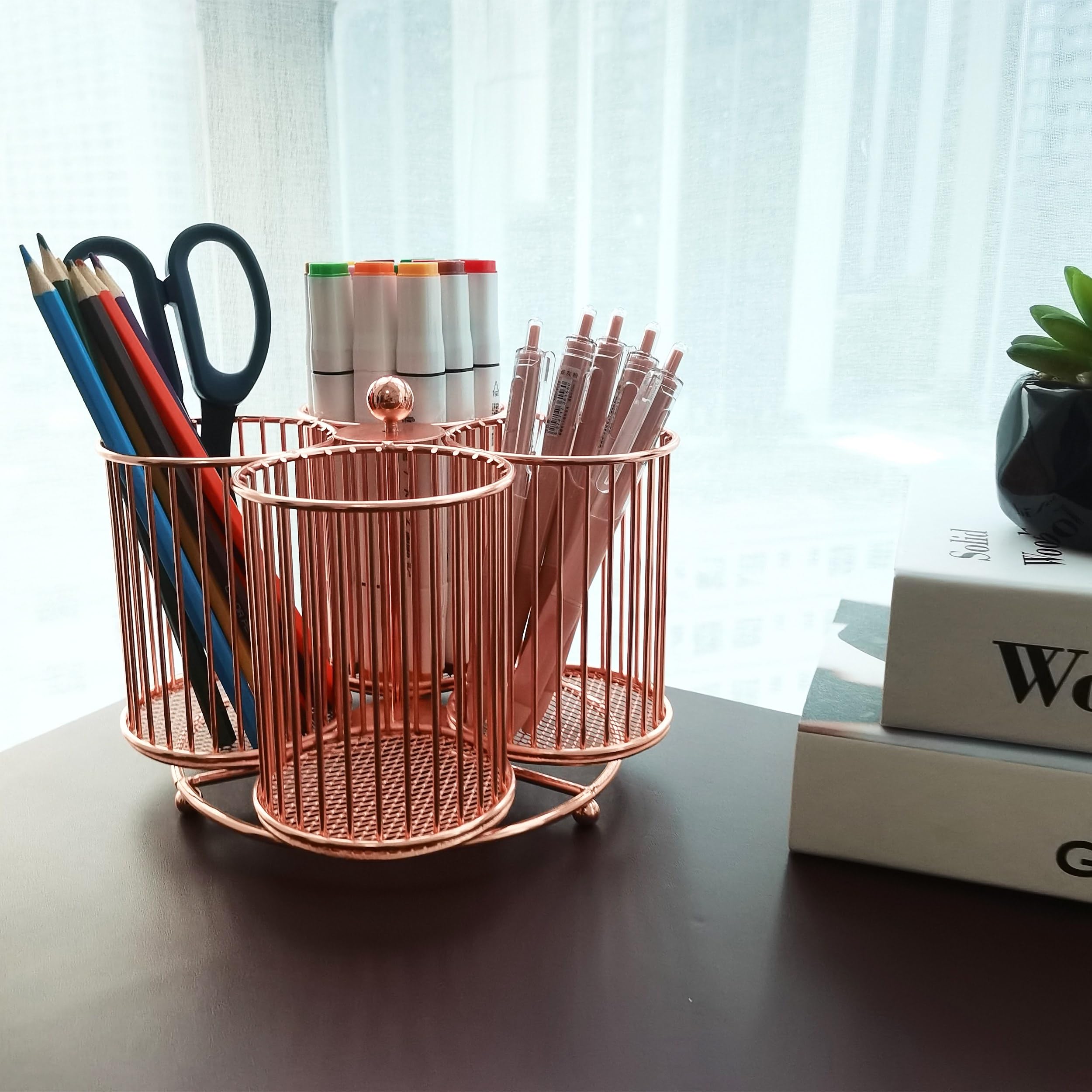 Rotgoldener Stifthalter, um 360 Grad drehbarer Metall-Bleistifthalter, Organizer, 4 Tassen, glitzernd, starkes Metall, drehbar, großes Fassungsvermögen, Büro-Stifthalter,