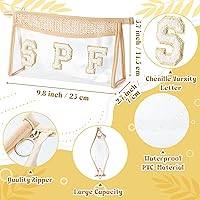 Vista 2 de Bolsa de cosméticos con parches bohemios, regalo de verano, SPF, chenilla, kit de aseo con letras universitarias, color beige, transparente