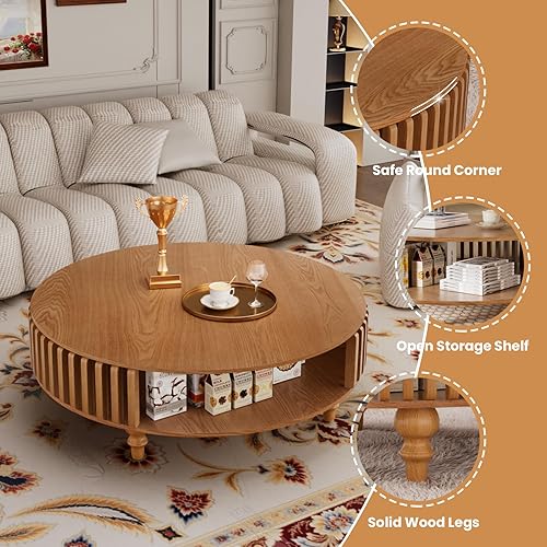 Miniatura 4 de Mesa de centro redonda de 39.4 pulgadas con almacenamiento, mesa auxiliar moderna de 2 niveles, patas de madera maciza, mesa central pequeña Mesa