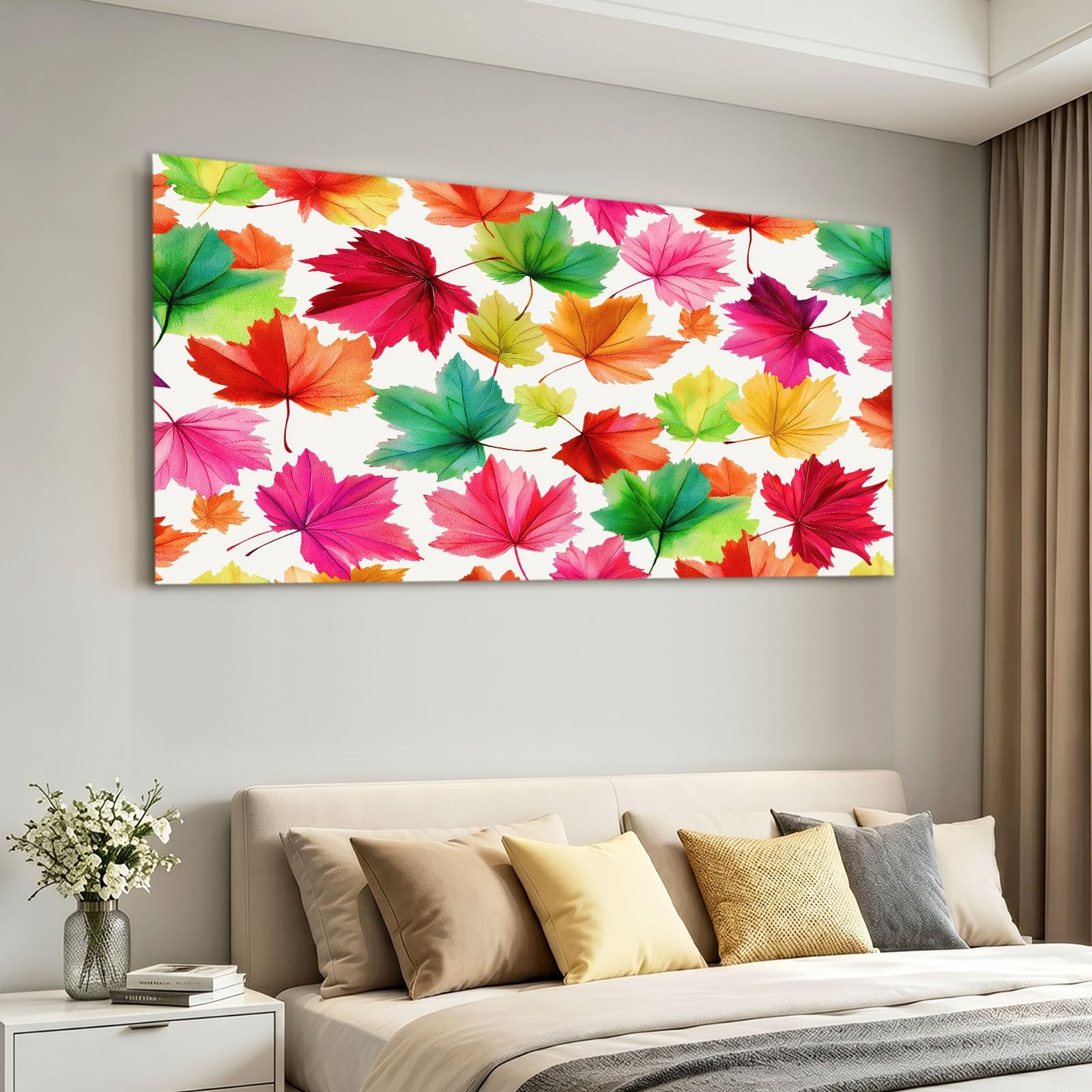 Obraz ścienny z ramą 120 x 60 cm, akwarela, obraz na płótnie do salonu, sypialni, kuchni, biura - różowy, naturalny, romantyczne liście klonu, dekoracja ścienna