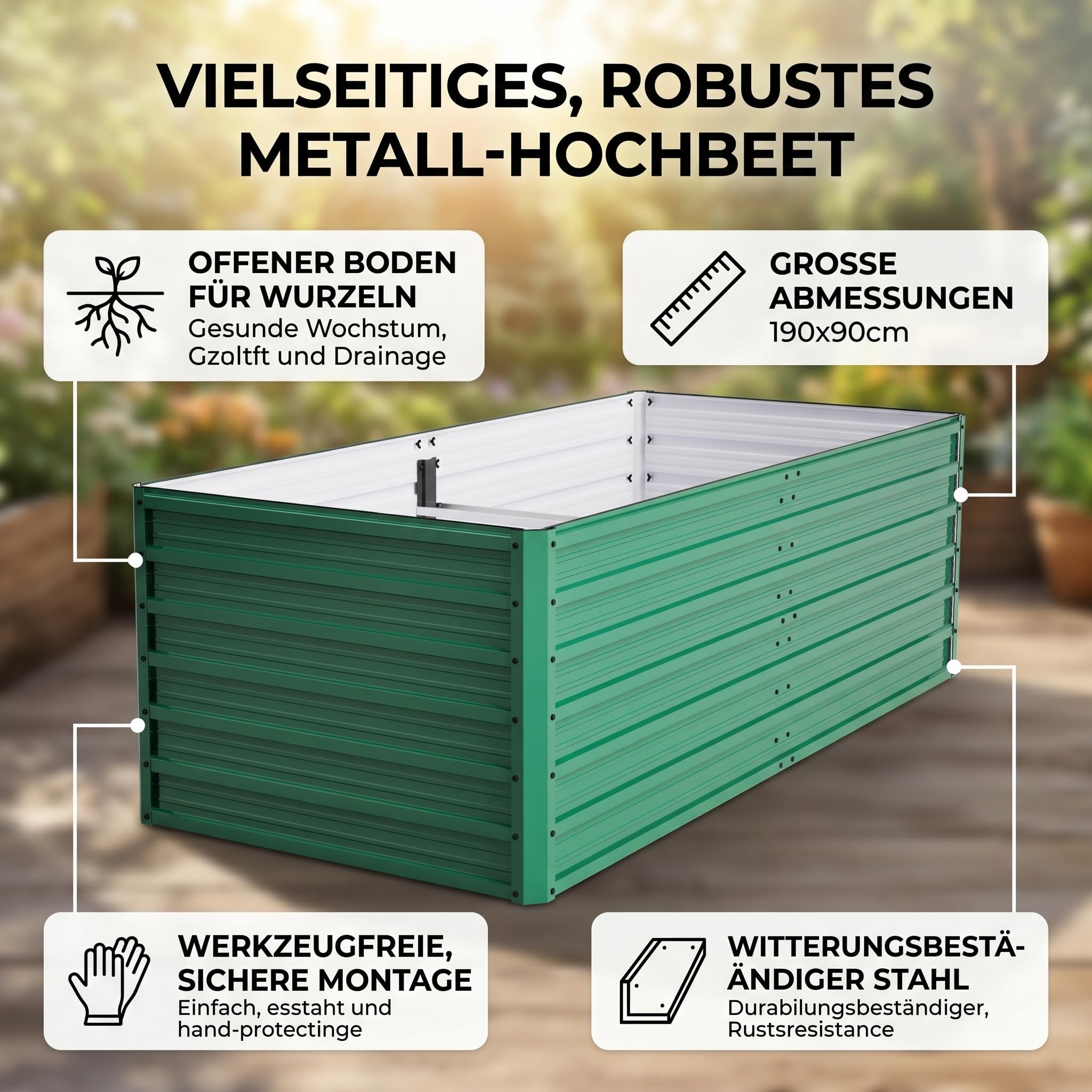 Gecheer Hochbeet Metall 190x90x64cm, Großes Pflanzbeet mit Offenem Boden, Wetter- & Rostbeständig Rechteckiges Gemüsebeet für Gemüse Blumen Terrasse Garten, Grün