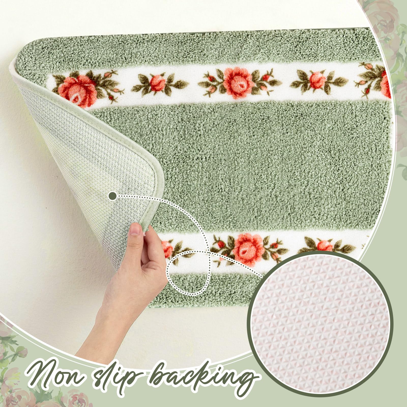 Drydiet Lot de 3 tapis de salle de bain antidérapants et absorbants avec motif de roses romantiques pour chambre à coucher, salle de bain, chambre à coucher, salon, 3 formes (vert)