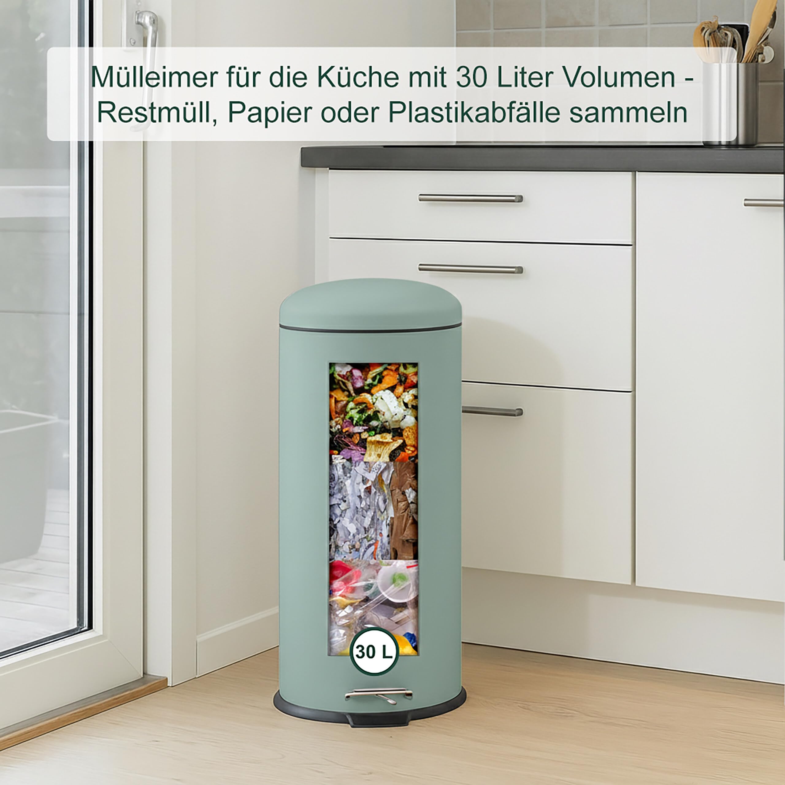 Relaxdays Mülleimer 30 Liter, Küchenabfalleimer mit Absenkautomatik, Henkel & Trittpedal, runder Papierkorb, Mint
