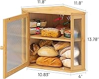 Vista 5 de Caja de Pan de Esquina para Encimera de Cocina, Caja de Almacenamiento de Pan de Madera de Bambú de Gran Capacidad con Panel de Puerta Ondulado