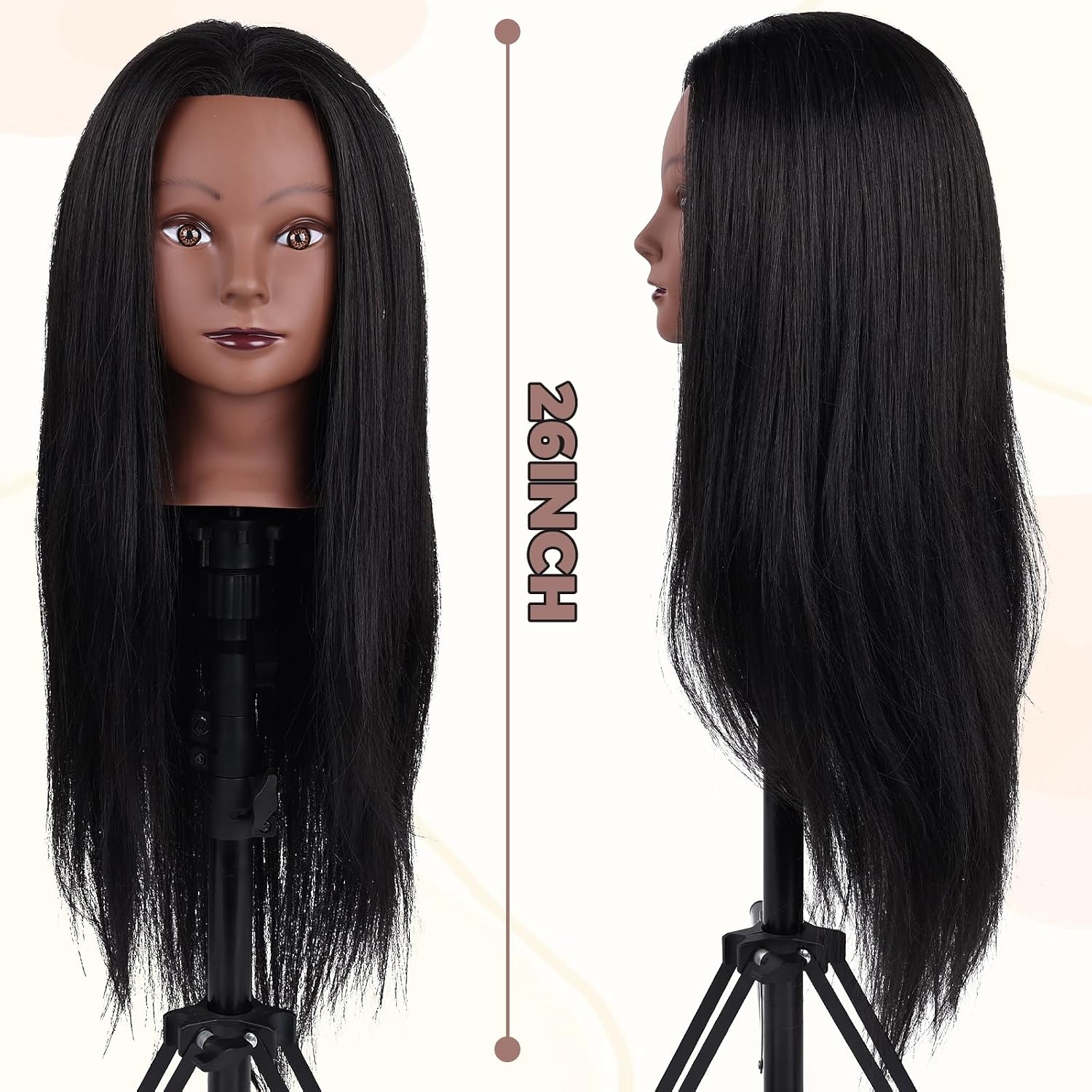 90% Real Hair Mannequin Head, Cenoz 26" Hairdresser Cosmetology Training Head with Stand and Tool, Manikin Training Practice Head, Doll Head for Hair Styling （Black）
