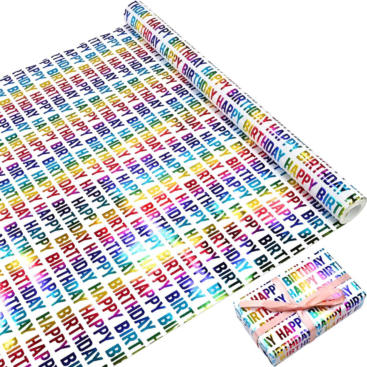 Happy Birthday Gift Wrapping Paper Roll, 43cm x 9M Shiny Color Wrapping Paper for Birthday Gift