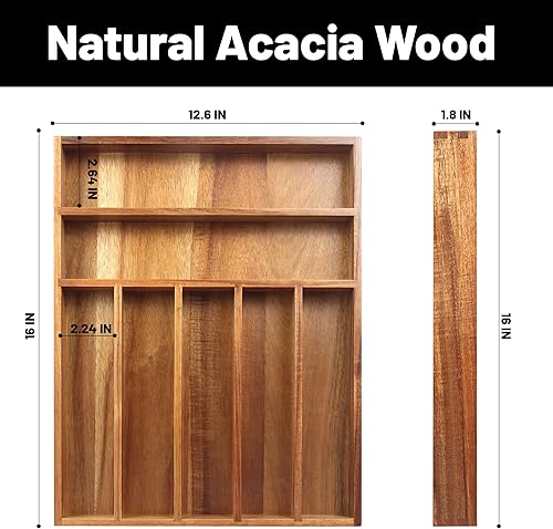 Miniatura 2 de Organizador de cubiertos de madera de acacia, organizador de cajones de utensilios de cocina para tenedores y cucharas, bandeja de cubiertos de 7