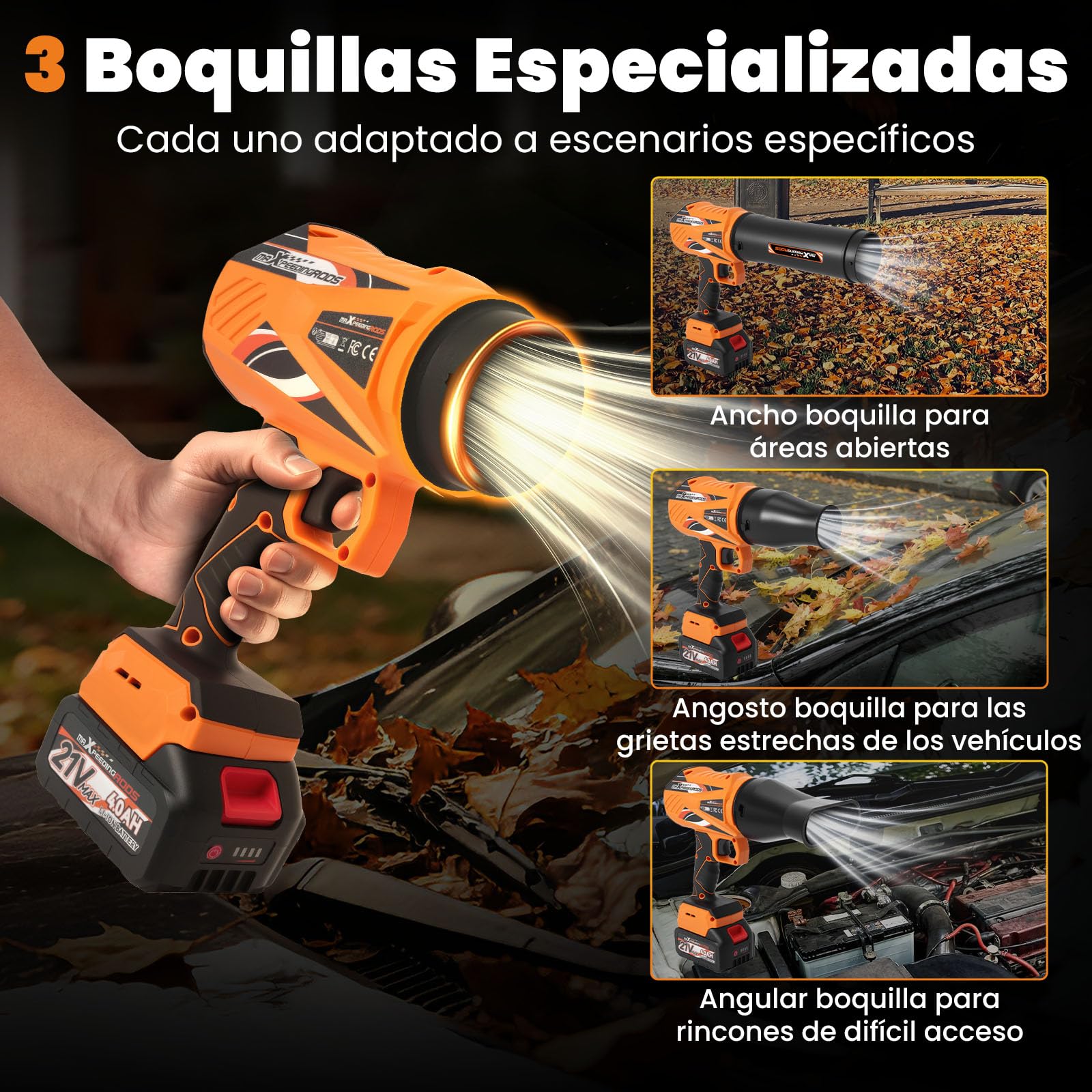 maXpeedingrods Sopladores de Hojas, Turbo Motor sin escobillas | con 2 baterías de 4,0Ah, 193km/h y 934m³/h, 3 boquillas, 1,35kg Soplador portátil para Auto, jardín, Hojas, Polvo y Nieve