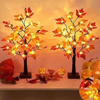 [ 2 Pack & Timer ] Beterzack 24 Inch Artificial Fall Lighted Maple Tree Decor, Total 48 LED Battery/USB Operated Pumpkins Acorns Decorations Thanksgiving Halloween Decoration Home Indoor