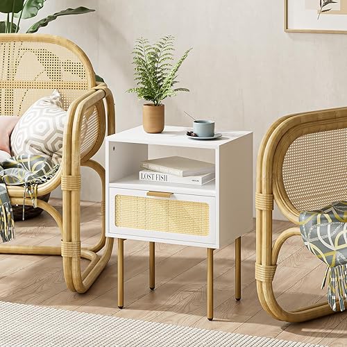 Miniatura 5 de Mesita de noche de ratán, cómoda con cajón para dormitorio, mesa auxiliar pequeña con cajón, muebles de noche, mesa auxiliar con marco dorado para