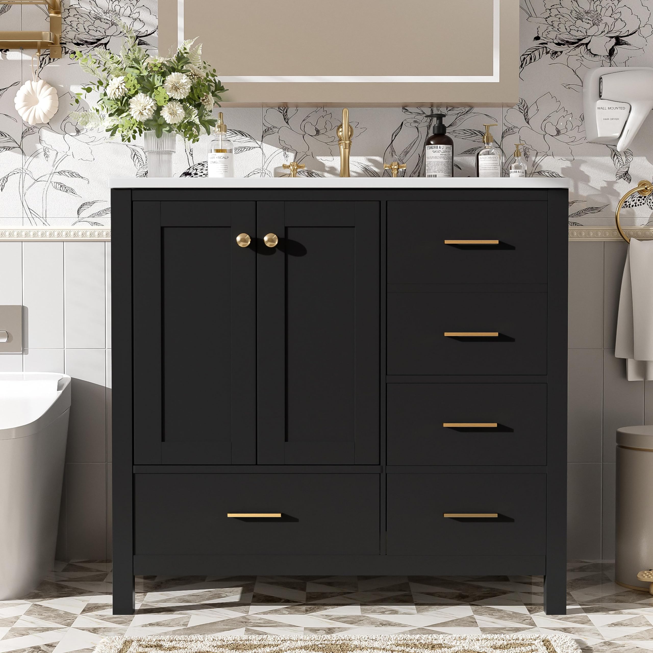 Lunanniu 36'' Bathroom Vanity with Ceramic Sink Set Combo Freestanding Cabinet 4 Full Extension Drawers 2 Soft-Close Doors Storage Modern Black