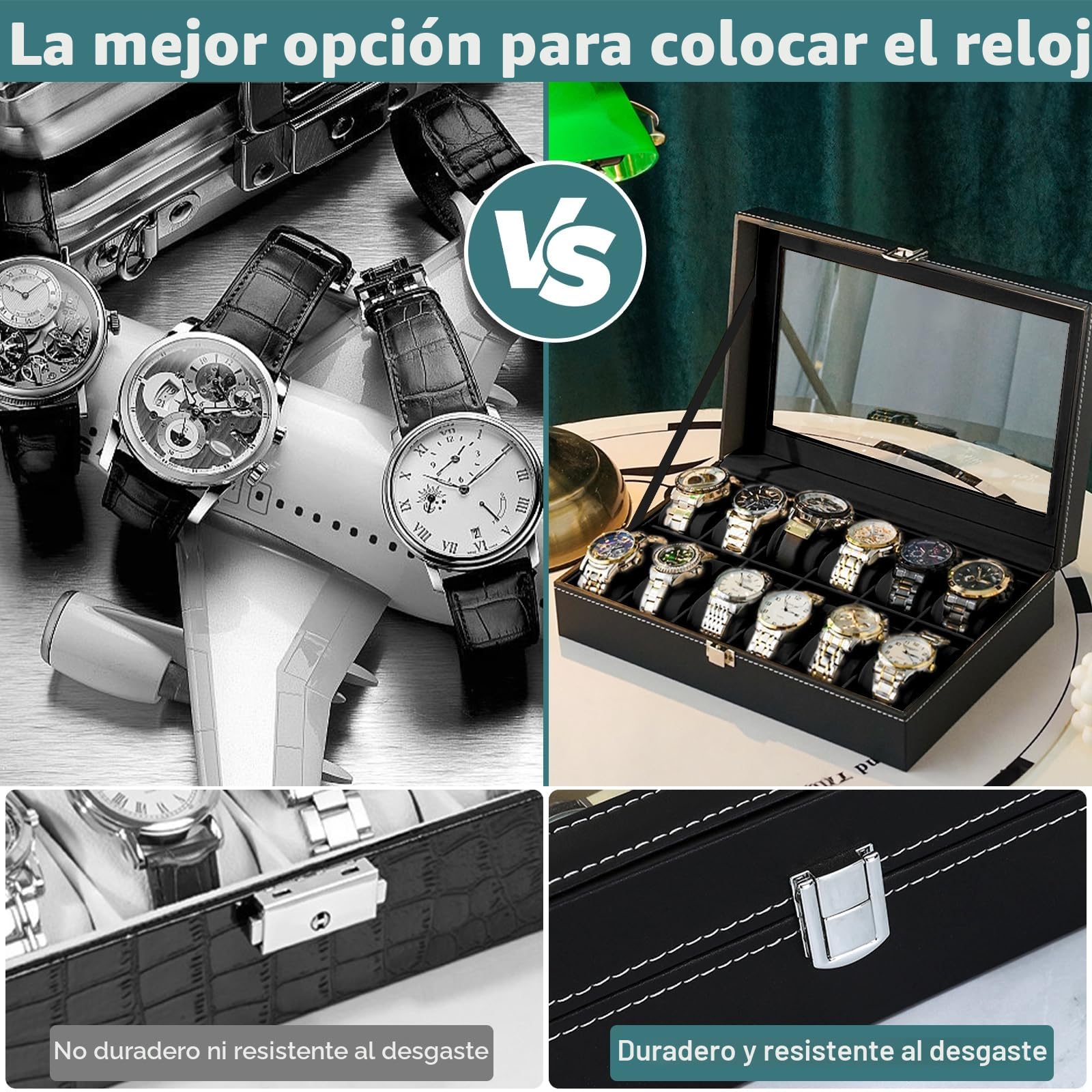 Estuche Relojes 12 Compartimentos Organizador Piel Sintética Almohadilla Extraíble Negro