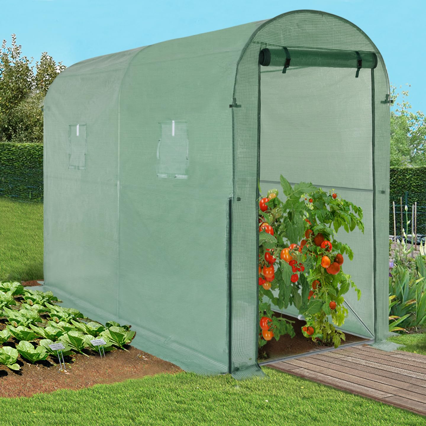 IDMarket - Serre à tomates relevable 3m² Verte 2 fenêtres avec moustiquaire et Porte zippée