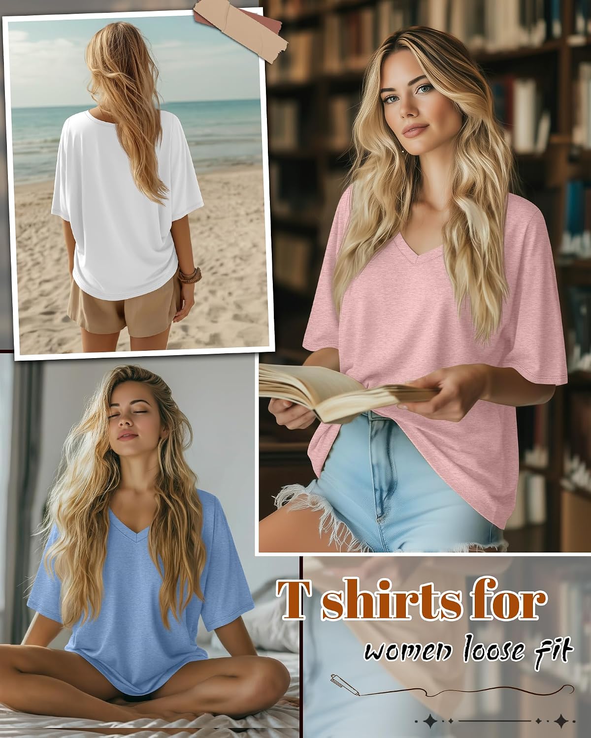 3 Pack Womens Oversized Half Sleeve T Shirts V Neck Tops Basic Tees Loose Fit Summer Casual Clothes