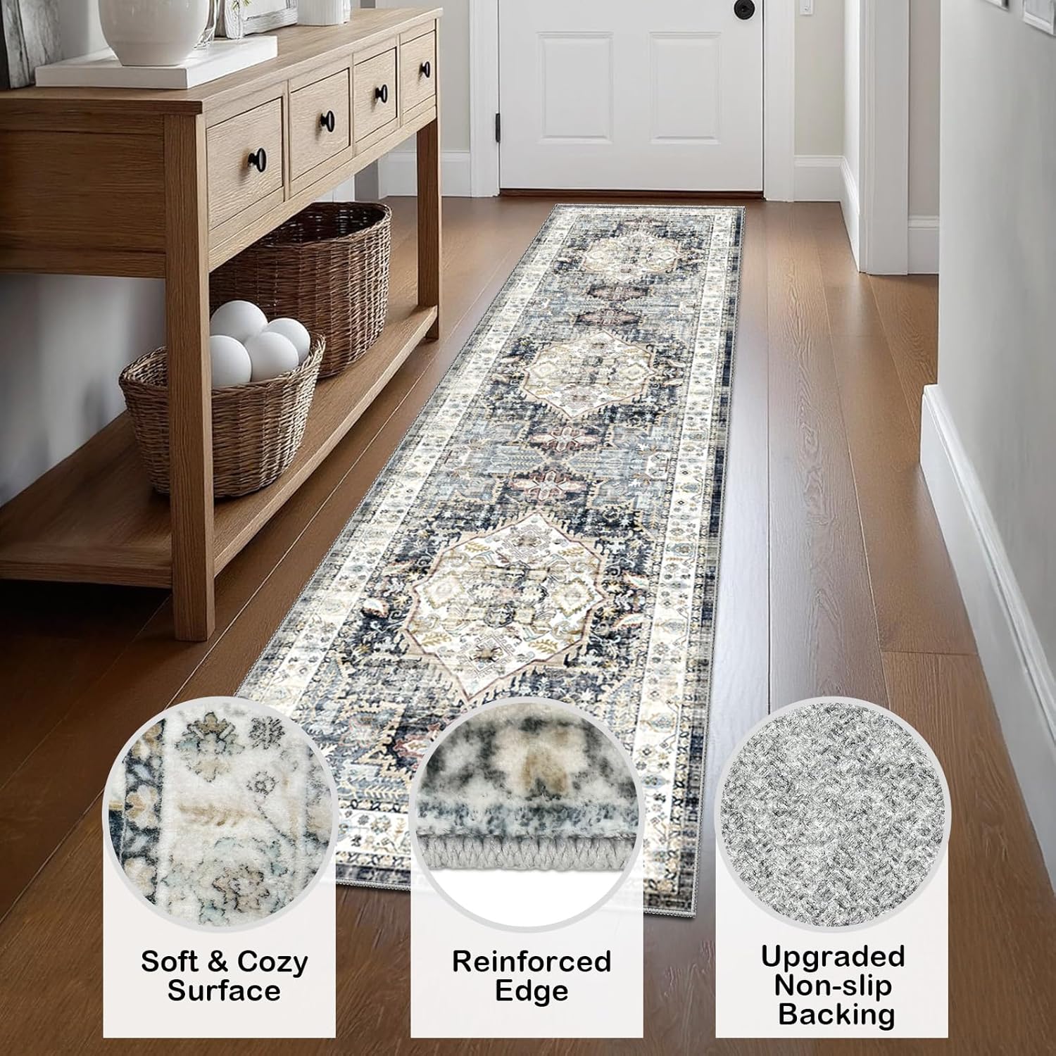 AooHHooA Washable 2x8 Boho Light Blue Runner Rug, Low Pile Vintage Hallway Runner Rug Non Slip Stain Resistant Soft Faux Wool Carpet Runner Rugs for Hallway Kitchen Laundry Entryway Bedroom