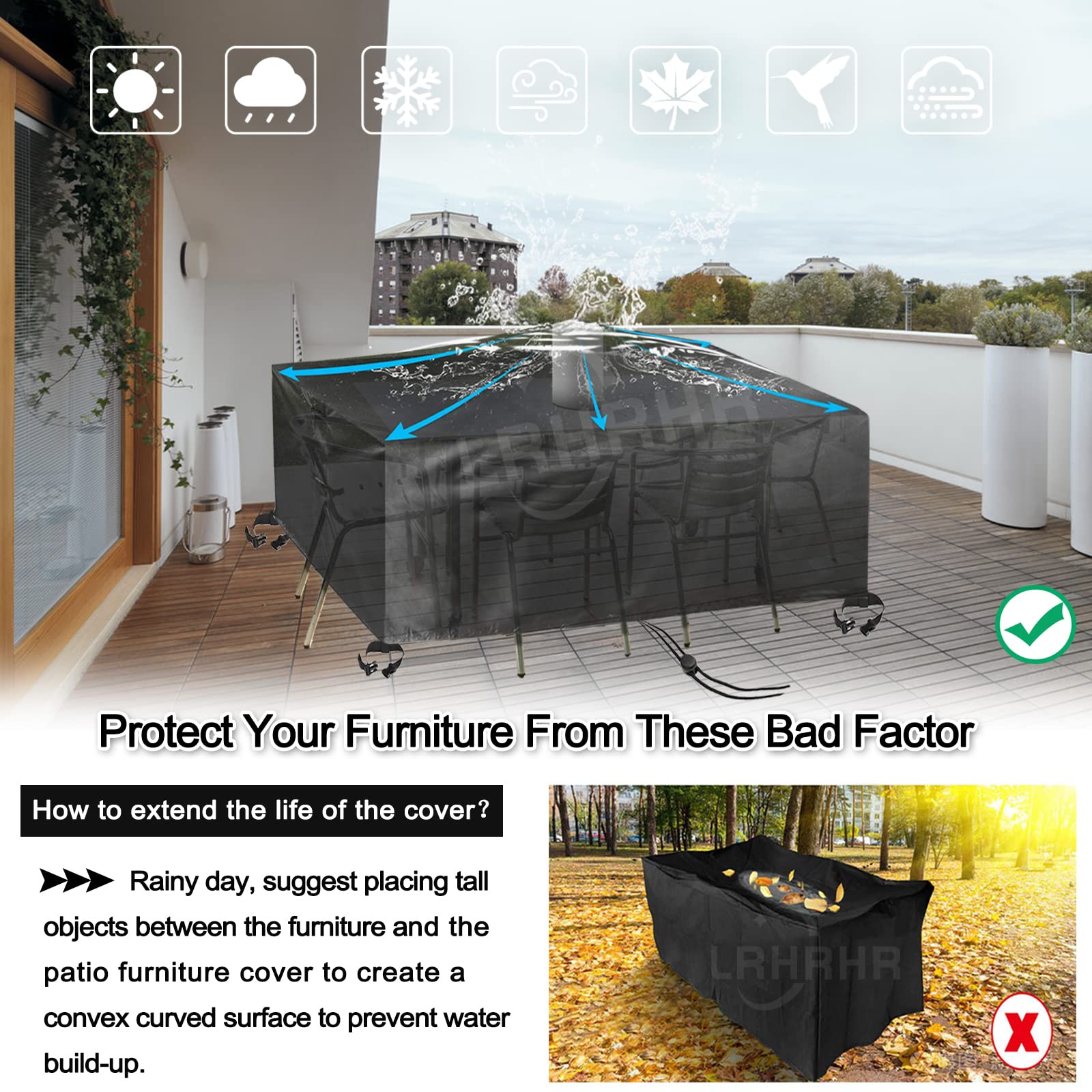 Abdeckung Gartenmöbel Rechteckig Abdeckhaube Gartentisch 420D Oxford Gewebe Wasserdichtes Winddicht Schutzhülle für Gartentisch Möbelsets-Silver|| 290x260x140cm/LxWxH