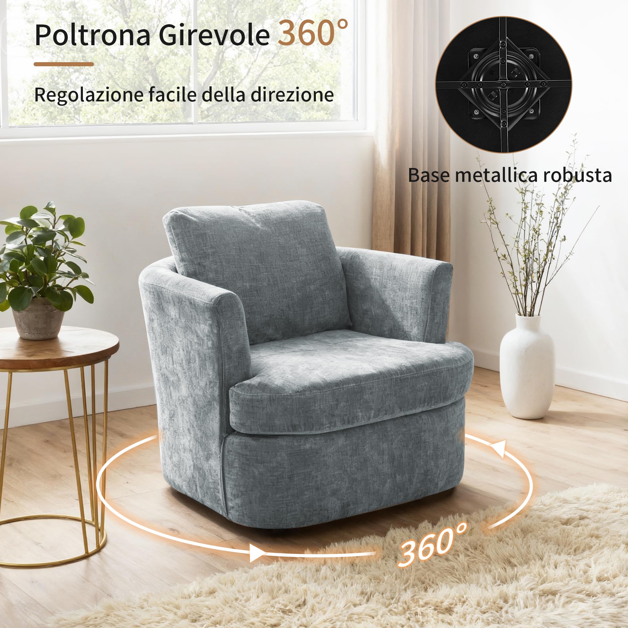 BonVache Sedia Girevole in Peluche, Poltrona Relax Girevole 360°, con Schienale a Forma di U e Seduta Imbottita, Adatta per Soggiorno, Camera da Letto e Ufficio, Blu