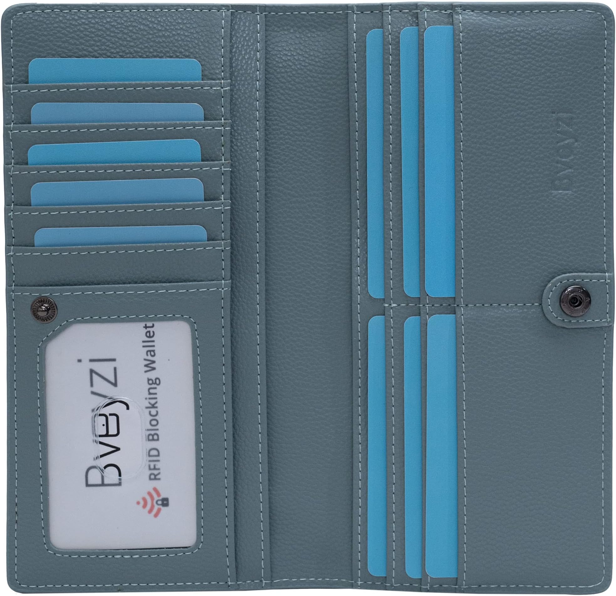 Bveyzi Ultra Slim Thin Leather RFID Blocking Credit Card Holder Bifold Clutch Wallets for Women (Blue Grey)