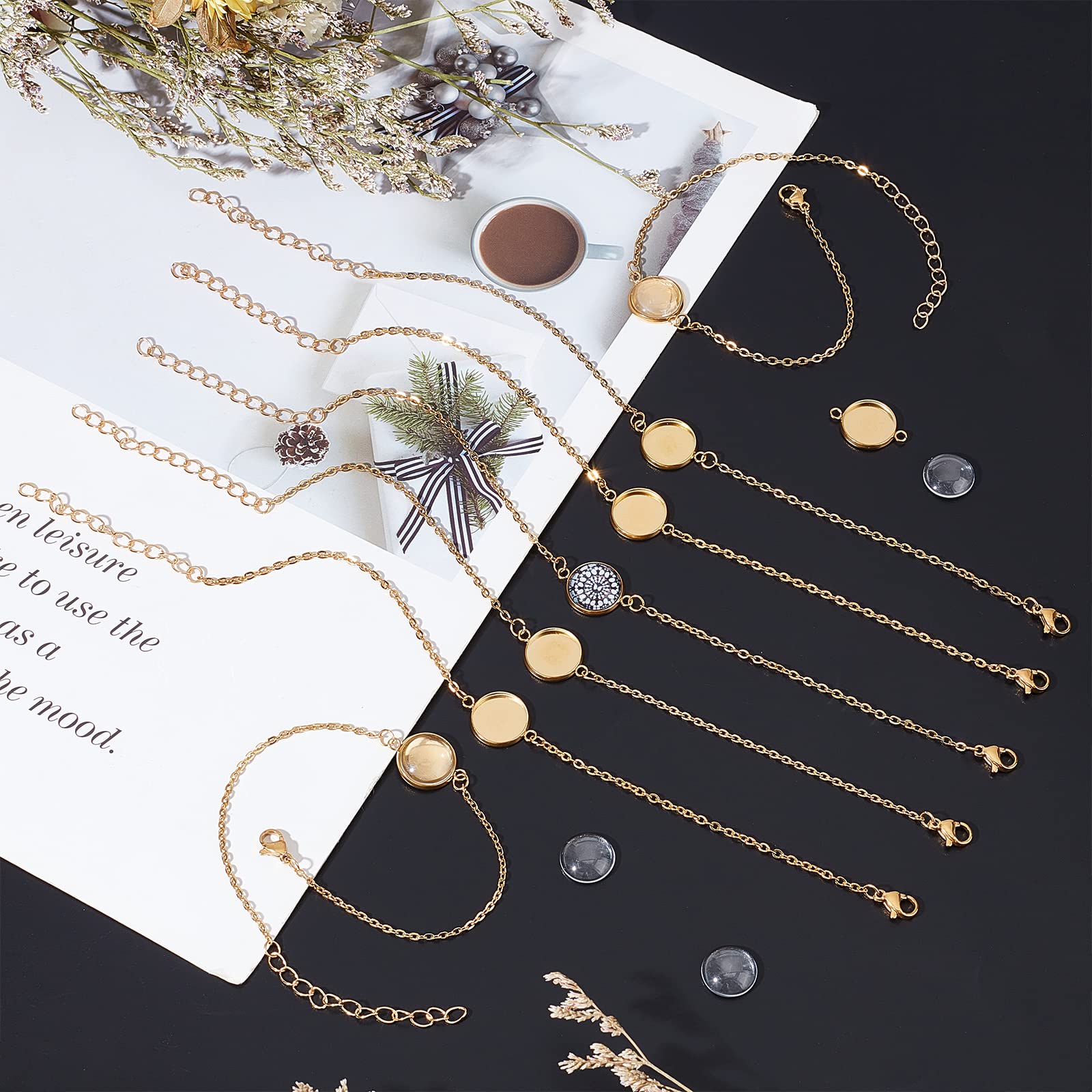 NBEADS 10 Sets Bracelet Making Kit - Gold Tray with 10 Pcs Stainless Steel Chain, Jewelry Bezel Base, Glass Cabochons & 50 Pcs Jump Rings