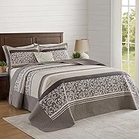 Vista 13 de Juego de cama de gran tamaño para King de estilo granja 128x120, 100% algodón, juego de edredón con fundas, patrón botánico a rayas, juego de cama