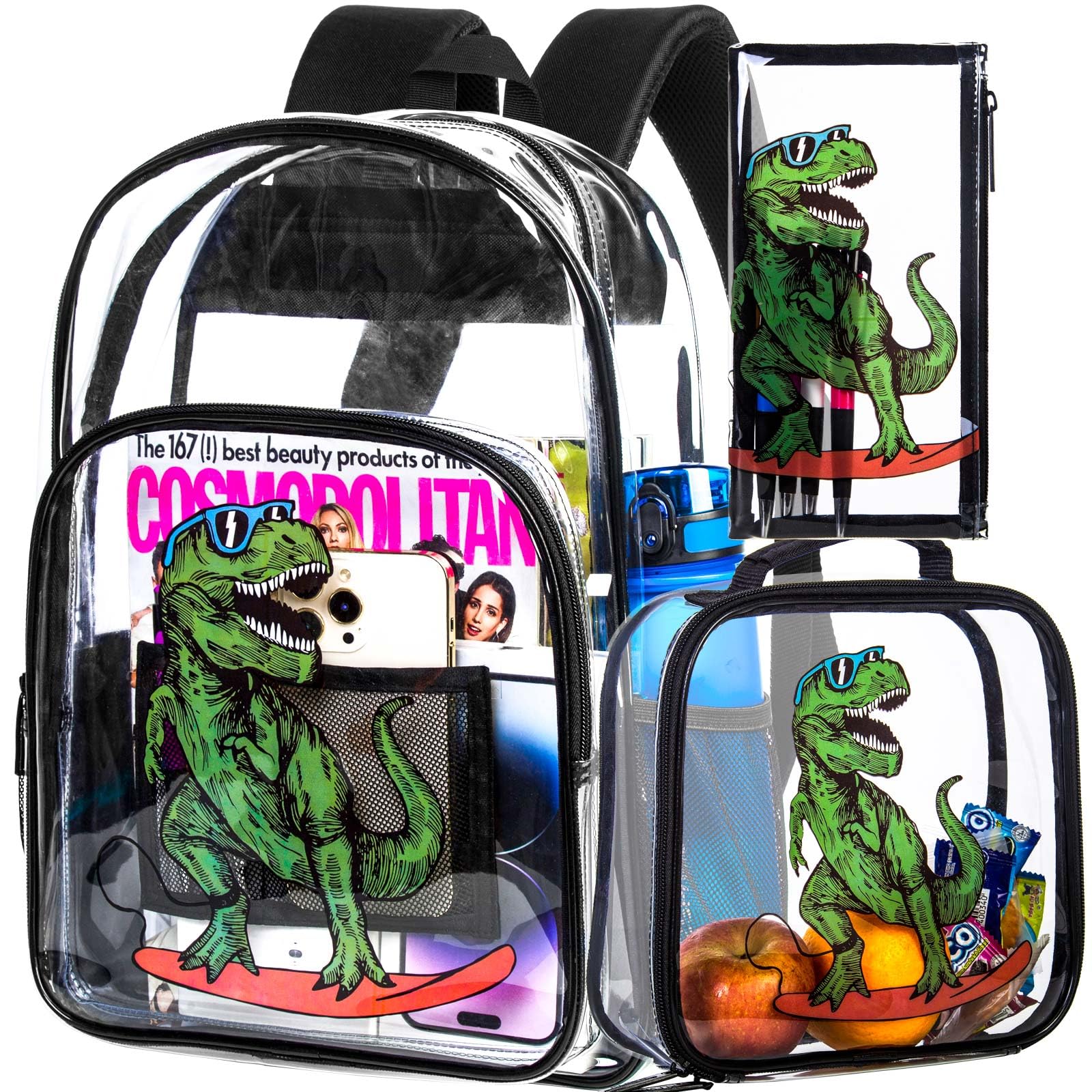 AGSDON 3PCS Clear Backpack for Boys, Kids Dinosaur Transparent Bookbag Heavy Duty, Cute See Through Backpacks with Lunch Bag - Blue