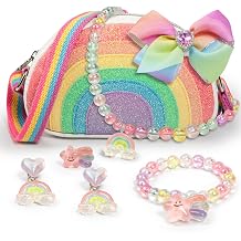 Toddler Purse for Little Girls Toys Dress Up Jewelry Pretend Play, Birthday Gifts for 3 4 5 6 Year Old Girl, Rainbow Accessories Set Necklace Bracelet Ring Earrings for Kids Princess Party