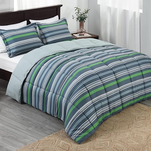 Basic Beyond Twin Comforter Set Green and Grey Striped
