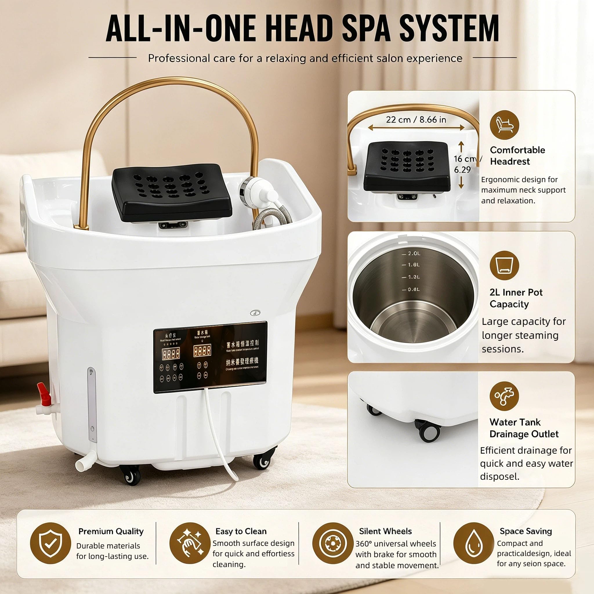 Attrezzatura Per Head Spa Dell'Acqua Serbatoio Portatile 60 l, 4 Ruote Universali Scaldabagno Lavandino Shampoo D'Acqua Giapponese Lavatesta Portatile per Massaggio, per Salone