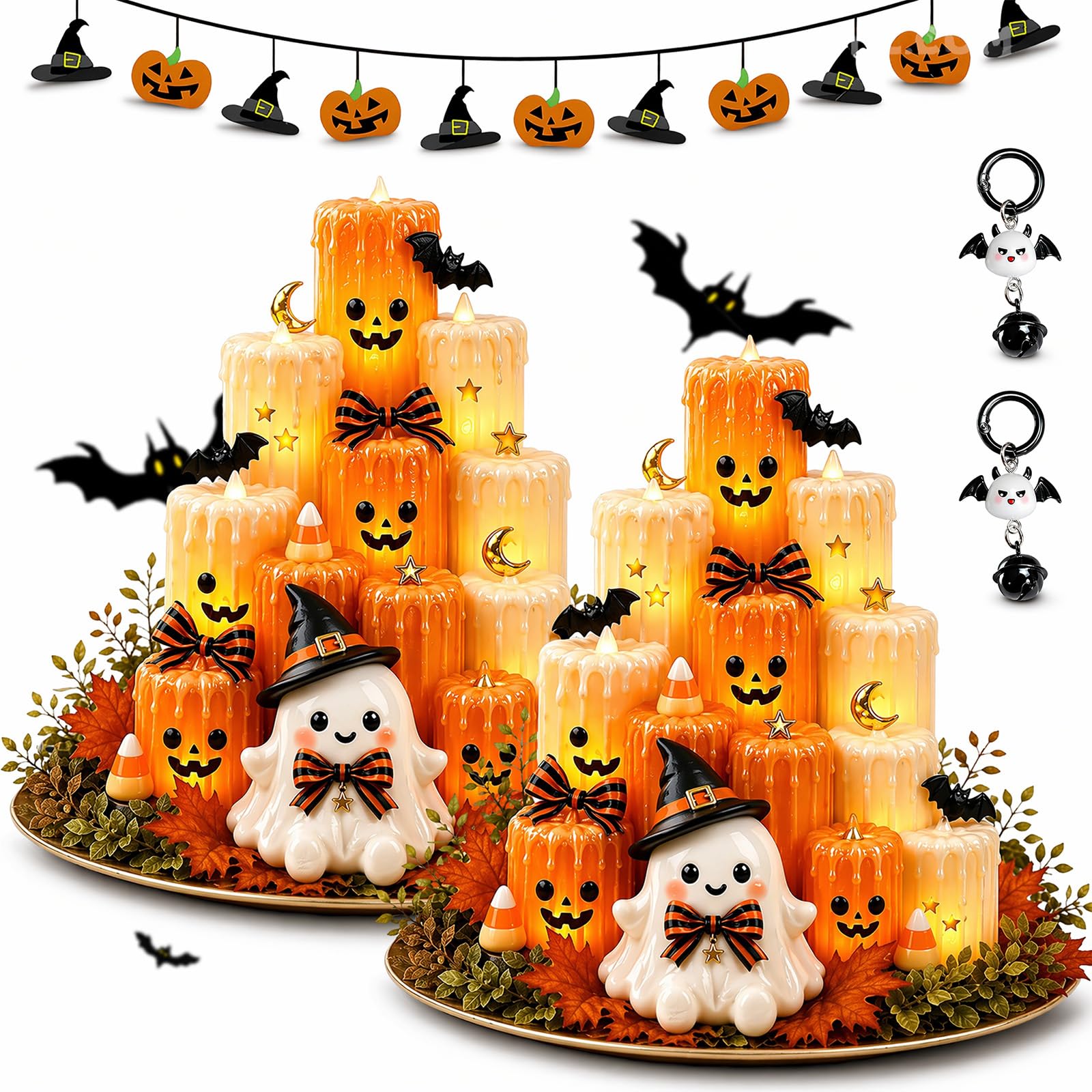 Gienslru Pumpkin Electronic Candle Light, Flameless Warm Hand-Crafted Pumpkin Candle Light Tower, Halloween-Colored Ghost Pumpkins Candy Lights for Mantel Shelf Dining Table Fall Party Home (2pcs)