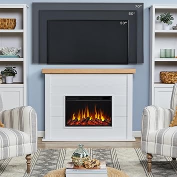 Real Flame Marshall 49 Slim Electric Fireplace with Mantel for Living Room or Bedroom, Replaceable Fireplace Insert Heater, Realistic Log and Flame Effect, Remote Control, White