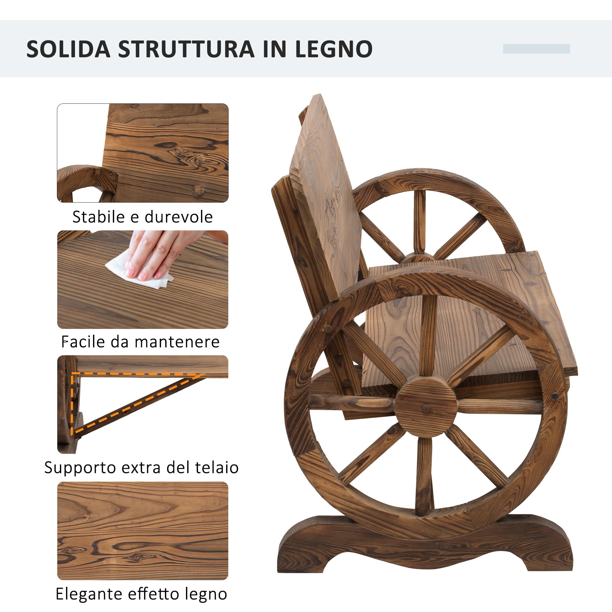 Outsunny Panca da Giardino 2 Posti con Schienale Alto, Panchina in Legno di Abete con Ruote di Carro Laterali, 114x58x80 cm, Marrone Carbonizzato