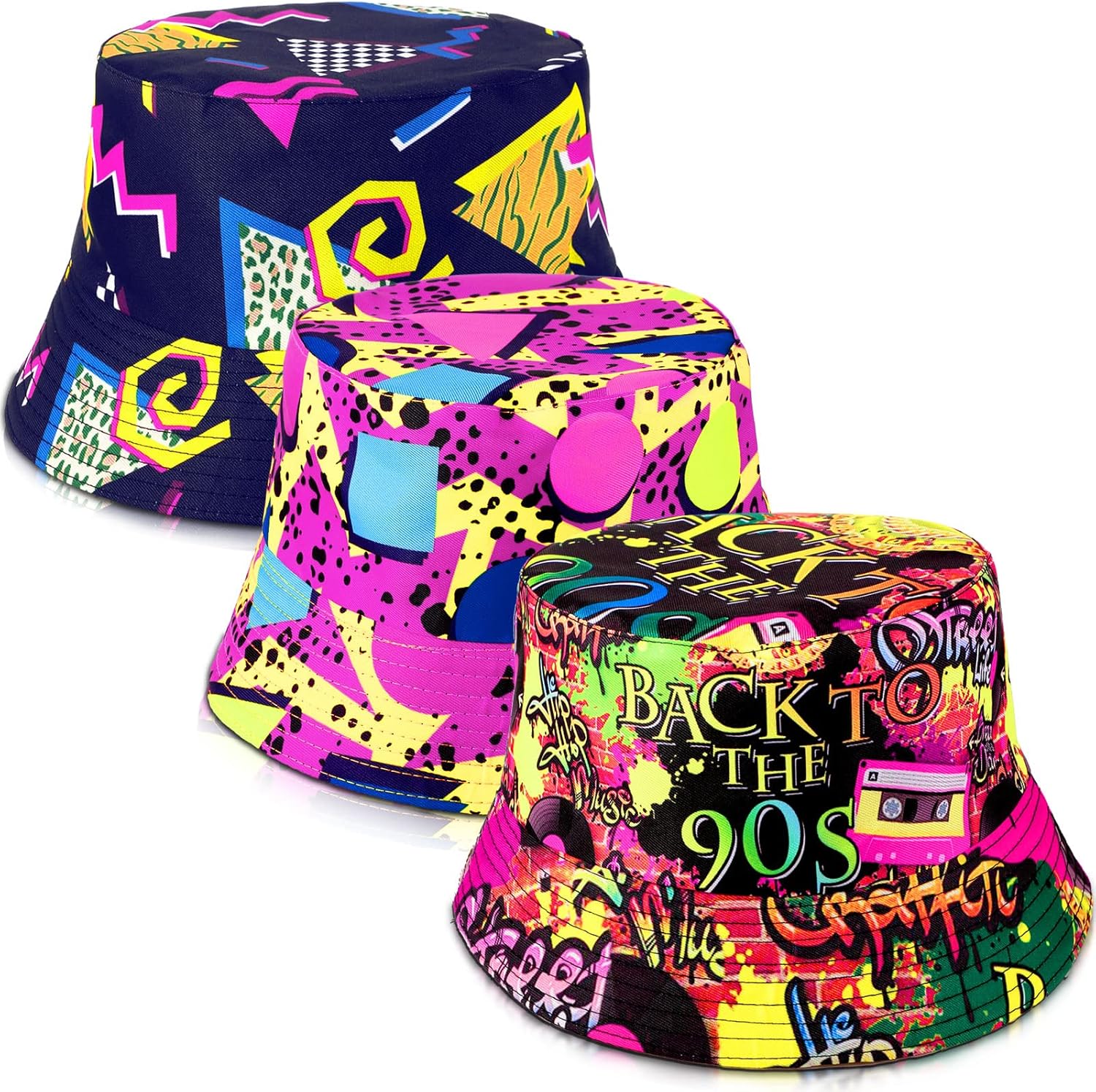 Sintege 3 Pcs 80s 90s Bucket Hats Vintage Print Bucket Hat Retro Rapper Cap 80s Accessories for Men Mardi Gras Outdoor Summer Fisherman Cap for Men Women 90s Party Supplies Multicolored