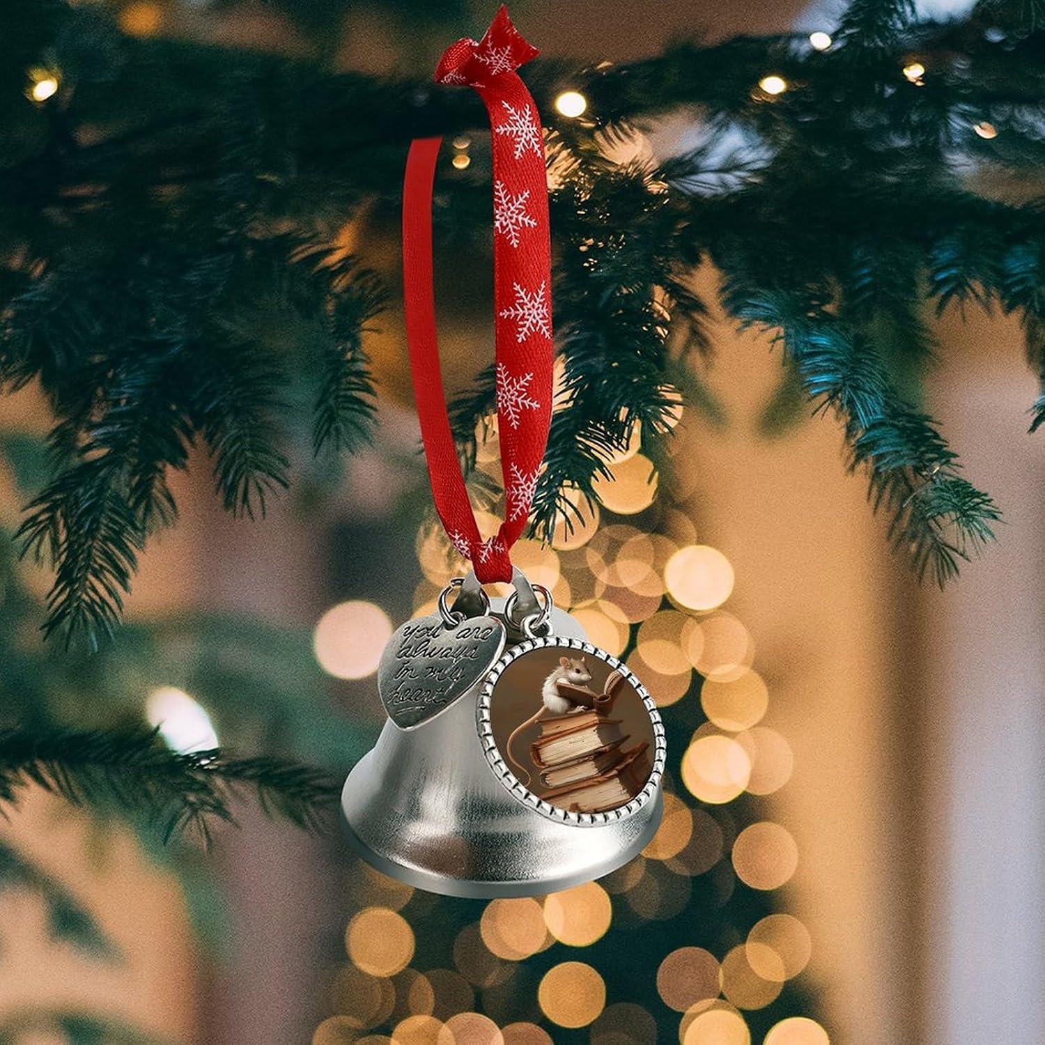 Metal Iron Christmas Bell Ornaments - Cute Personalized Reading A Book Printed Hanging Bells, Elegant & Durable for Christmas Home Party Wedding Decor