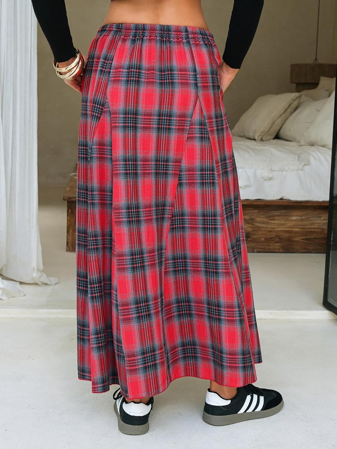 EXLURA Womens Flannel Plaid Long Skirts High Waist A Line Flared Pleated Maxi Skirt Dress Casual Vintage Office with Pockets - Image 3