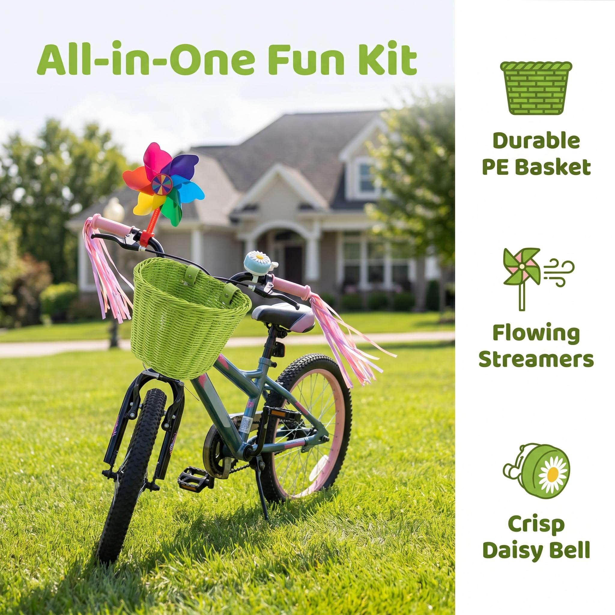 Panier de vélo avant pour enfants, accessoires de vélo pour filles et garçons, panier de vélo tissé avec autocollants, sonnette de vélo, moulin à vent et 1 paire de rubans colorés (panier vert)
