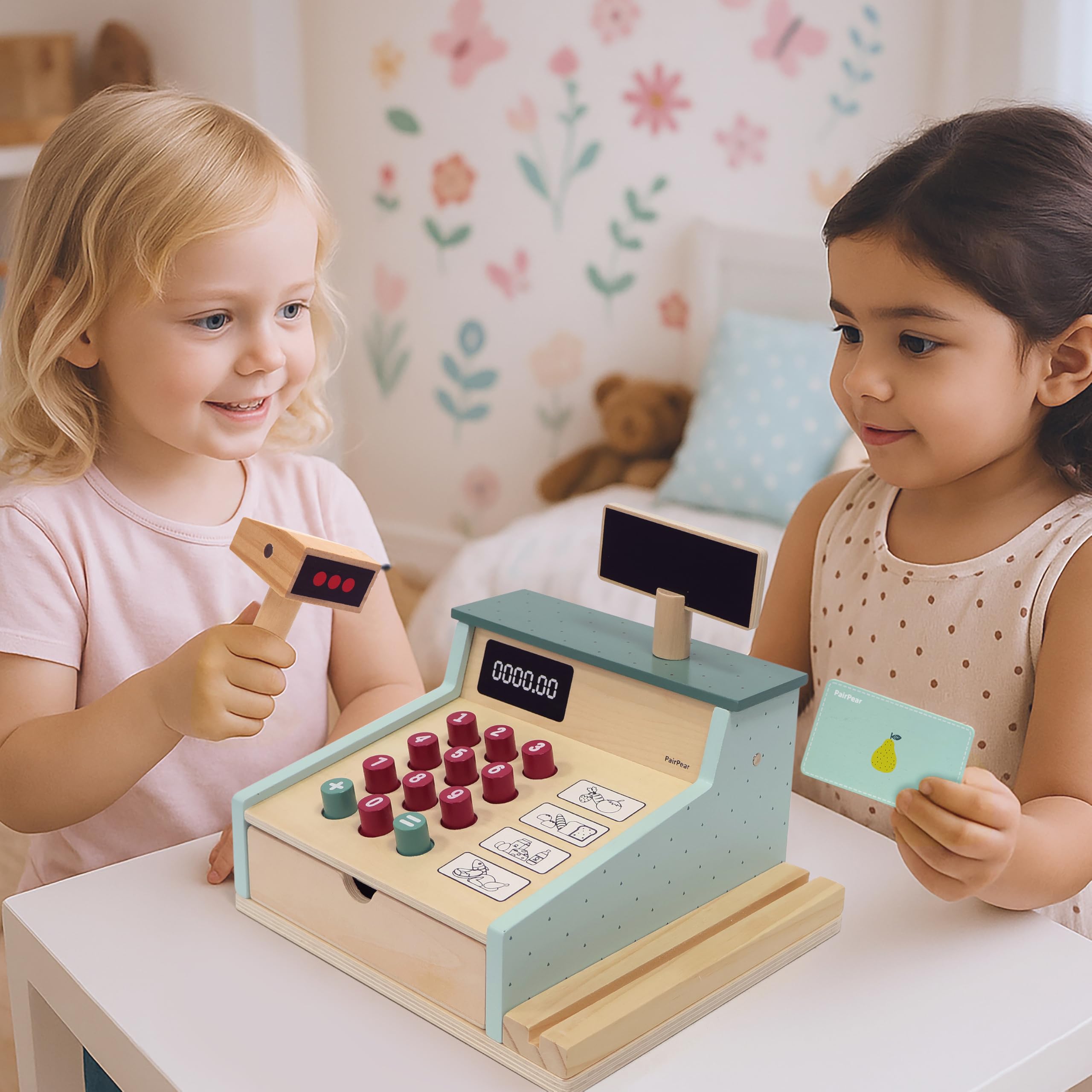PairPear Wooden Cash Register for Kids Pretend Play Shop Toys Wooden Till Toys with Scanner Calculator and Credit Card - Image 4