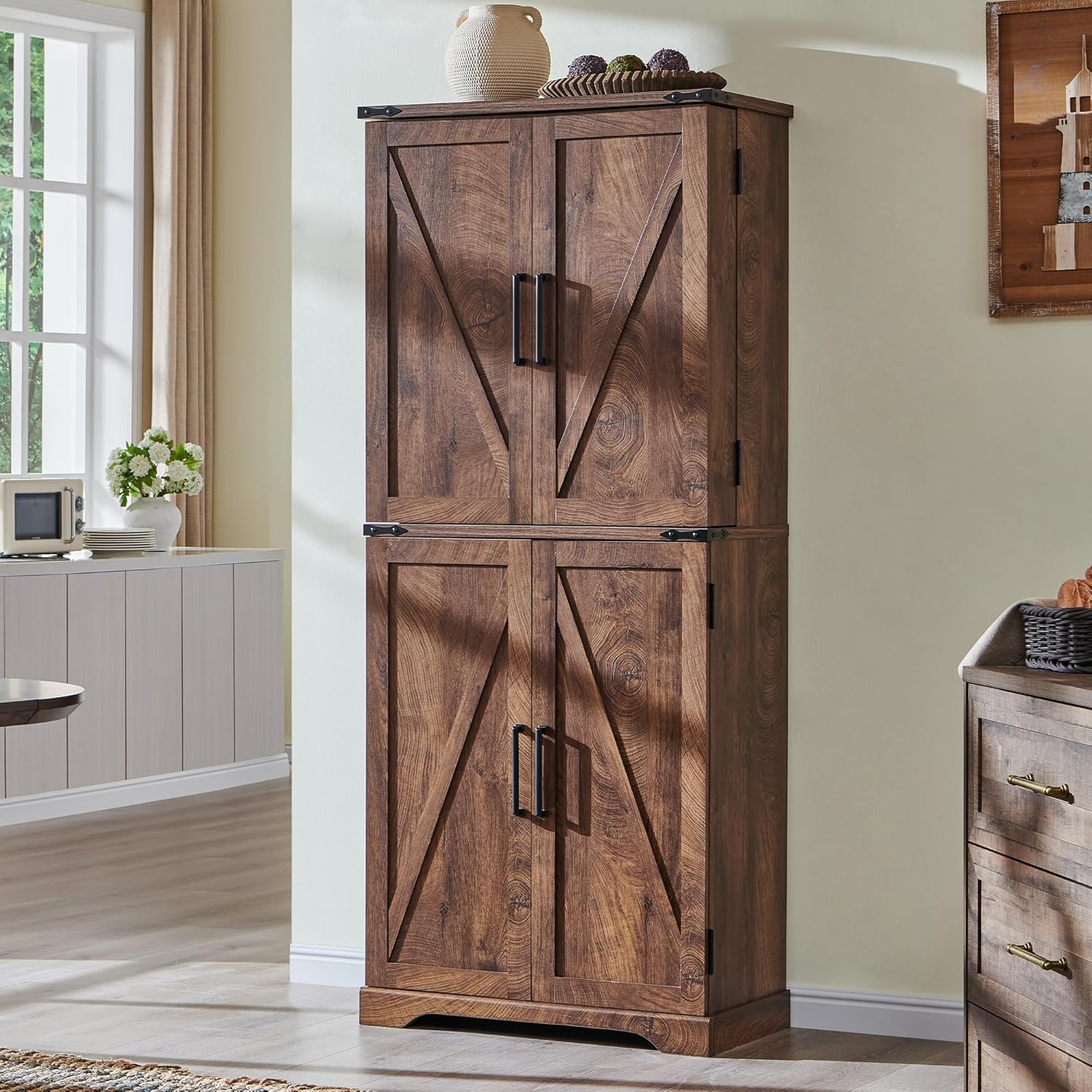 ACCOHOHO 72" Tall Kitchen Pantry, Farmhouse Storage Cabinet with Barn Doors, Organizer, Drawer and Adjustable Shelves, Rustic Wood Cupboard for Kitchen, Dining Room, Bathroom and Hallway, Walnut